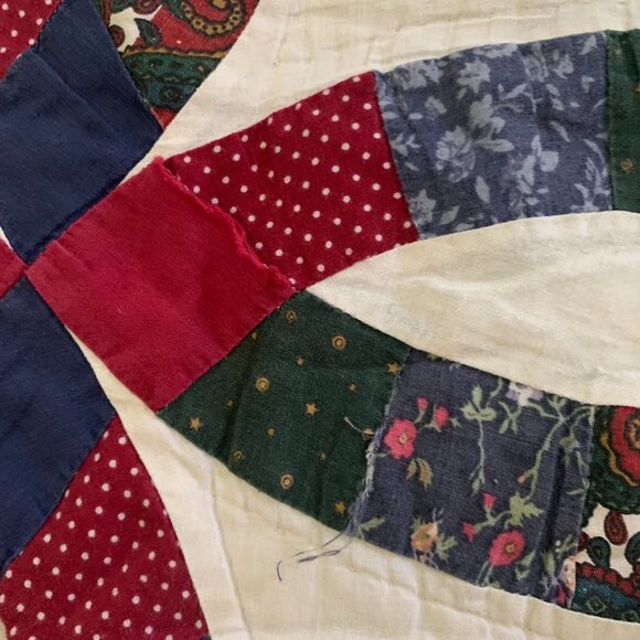 Vintage Hand Stitched Double Wedding Ring Quilt Patchwork Multicolored 82 x 98 - Picture 6 of 8